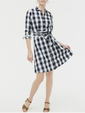 J. Crew Factory Navy & White Gingham Shirt Dress